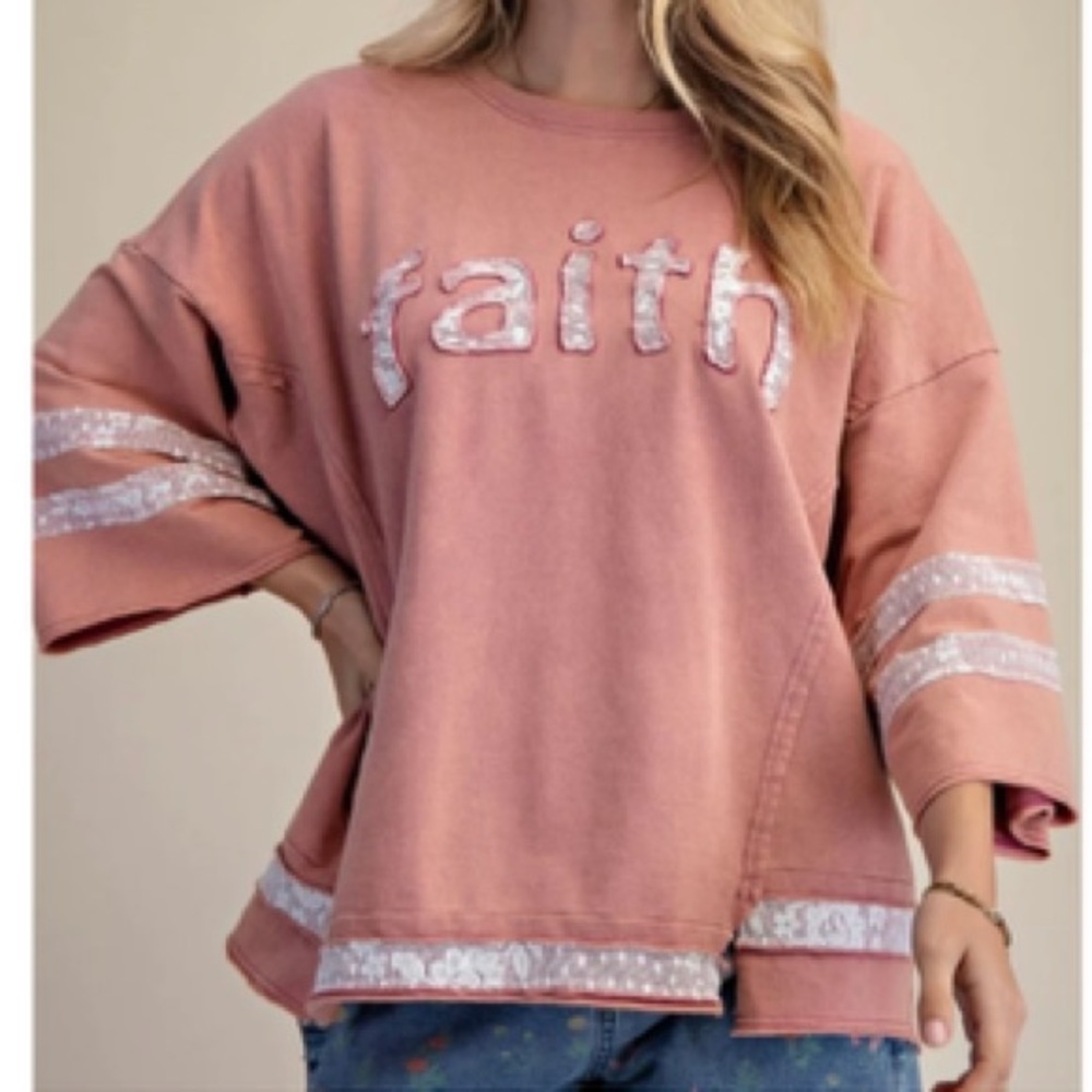 New Faith Pink Short Sleeve Sweatshirt patchwork detailing